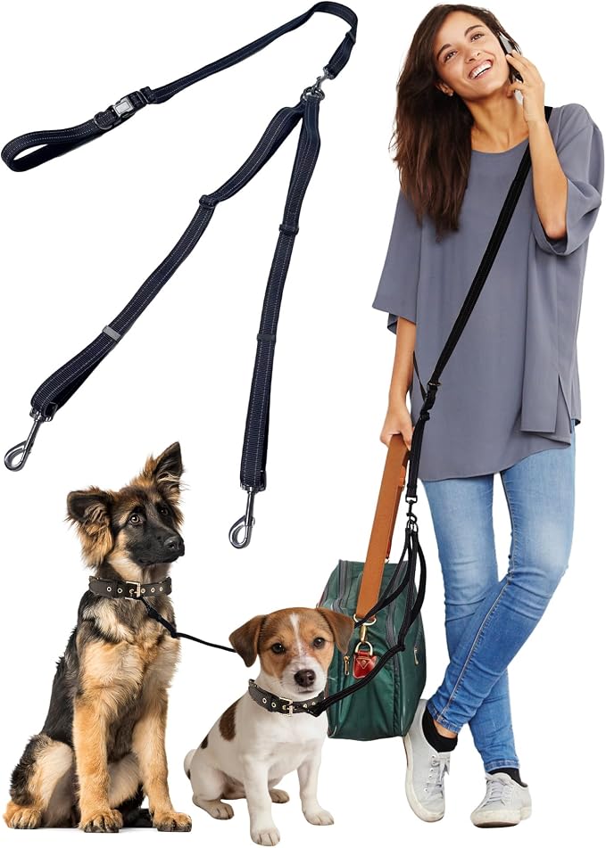 Double Dog Leash - Two Dog Leash No Tangle Design, 3-in-1 Adjustable Waist Belt for Two Dogs, Detachable Dual Leashes or Single Belt, Suitable for Dogs for Training, Running and Walking.