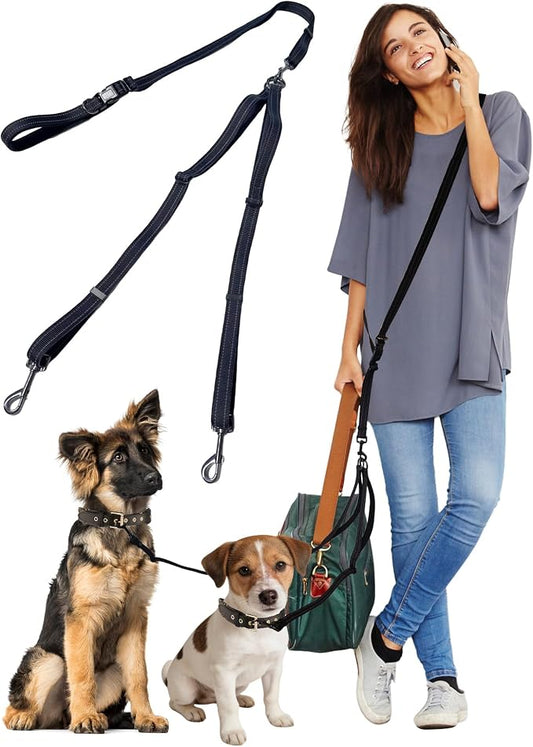 Double Dog Leash - Two Dog Leash No Tangle Design, 3-in-1 Adjustable Waist Belt for Two Dogs, Detachable Dual Leashes or Single Belt, Suitable for Dogs for Training, Running and Walking.