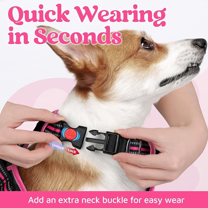 rabbitgoo Dog Harness for Large Dogs, 3 Buckles Easy On & Off No Pull Pet Vest, Soft Padded Walking Pet Harness with Control Handle, Adjustable and Reflective, Black & Rose Pink, XL