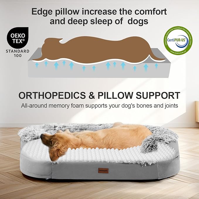 iweepet Fluffy Claiming Orthopedic Dog Beds for Large & Extra Large Dogs, Supportive Dog Sofa Bed with 3.7 inch 28D Egg-Crate Foam, Removable Washable Plush Cover, Waterproof Lining,44’’,Grey