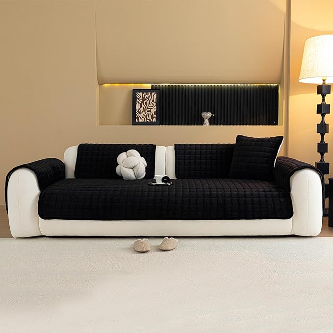 Velvet Couch Cover, Plush Sectional Sofa Cover Washable, Anti Slip Sofa Slipcover for Loveseat, Furniture Protector Covers for Pets & Kids(1PC, Black, 35.4"×47.2", Loveseat)