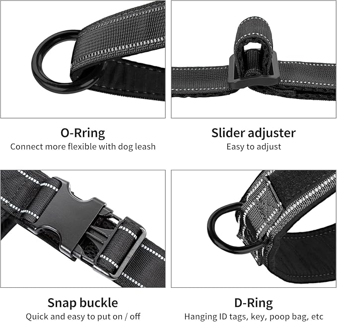 Annchwool No Pull Dog Harness with Padded Handle+5 Ft Leash,Reflective Strip Escape Proof and Quick Fit to Adjust Dog Harness,Easy for Training Walking for Small & Medium and Large Dogs(Black-Set,L)