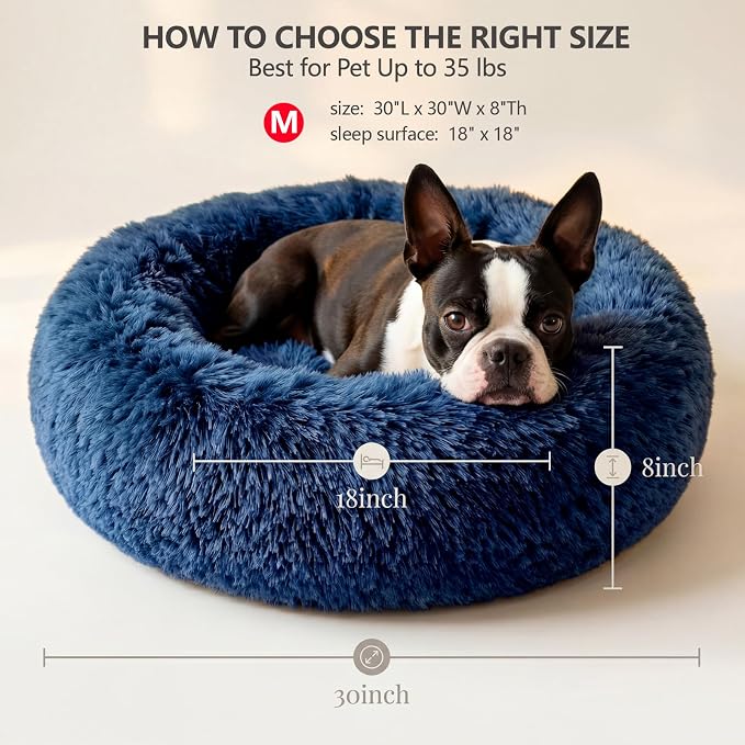 Calming Dog Bed for Medium Dogs Washable Donut 30 inches Anti-Slip Pet Bed,Round Fluffy Plush Faux Fur Cat Bed,Fits up to 45 lbs Pets,Navy Blue