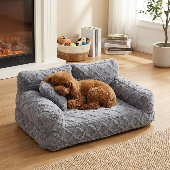 Plush Calming Pet Sofa Bed with Removable Cover, Fluffy Dog Cat Bed Pet Couch Beds Plush, Plushs Cat Couch Bed, Soft Warming Washable Puppy Bed (Light Grey, X-Large)