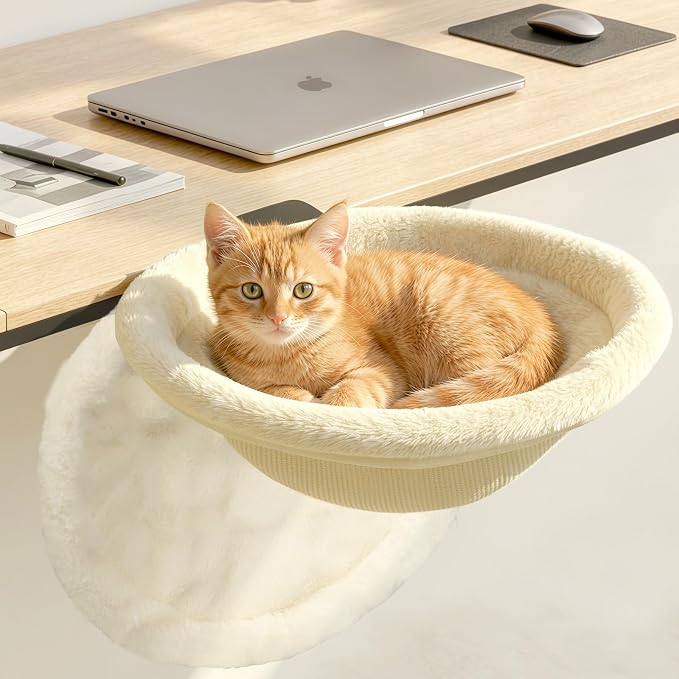Pawaboo Cat Desk Bed, Sunken Cats Hammock with Steel Clamp Hold up to 40lbs, One-click Foldable Cat Side Table Beds with Soft Plush, Reversible & Washable Hanging Cats Bed for Game Home Desktop, Beige