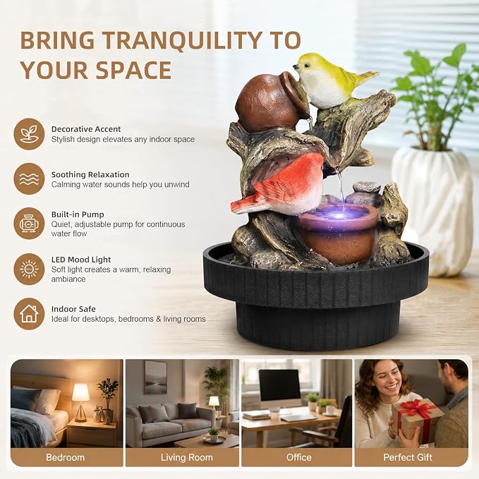Ferrisland Indoor Tabletop Water Fountain, Desktop & Table Waterfall Fountains, Relaxation Fengshui Home Decor with LED Light for Home Office Bedroom House Warming Gift Idea