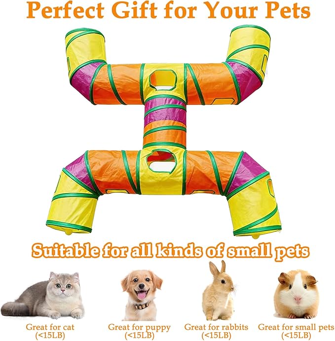 4-Way Large Cat Tunnel, H Shape Cat Tube Toy with Interactive Playing Balls, Peek Hole for Indoor Cats, Kitten, Kitty, Puppy, Rabbit (Multicolor)