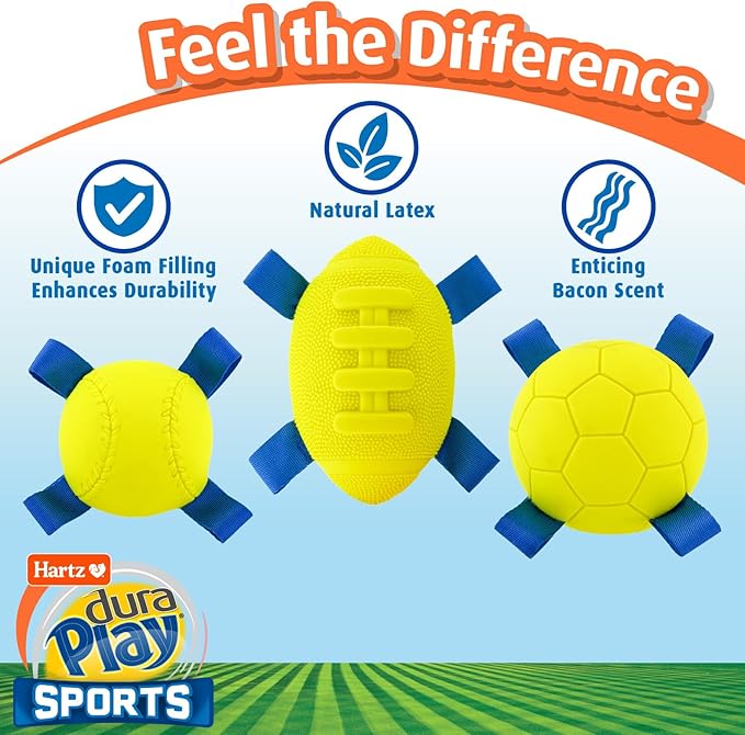 Hartz Dura Play Sports Ball Variety Dog Toy, Bacon Scented Squeaky Latex Yellow & Blue Toy, 3 Count
