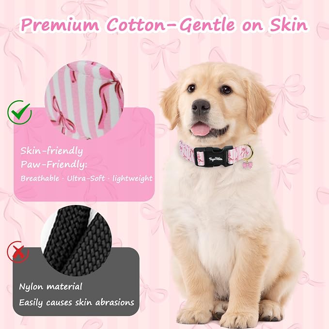 Dog Collar with Bows Patterns, Spring Summer Collection Pink Dog Collar with Exquisite Pendant, Durable Adjustable Collars for Gifts & Daily Use-L