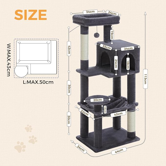 MUTTROS Cat Tree for Indoor Cats, 44.5" Multi-Level Cat Tower with Large Metal Frame Hammock, Cat Condo with 2 Scratching Posts and Top Perch for Small to Medium Cats, Dark Gray