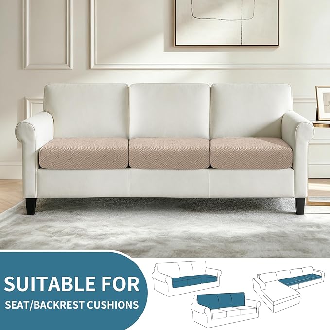 XINEAGE Couch Cushion Covers Seat Cushion Cover Thick Stretch Sofa Slipcovers 3 Piece Individual Couch Covers with Elastic Bottom(3 Seat Cushion/Backrest,Khaki)