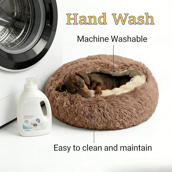 Hooded Donut Dog Bed with Cover, Calming Anti-Anxiety Dog Cave Bed for Small Medium Dogs, Plush Fluffy Burrowing Pet Bed with Waterproof Non-Slip Bottom (Grey,M-26”)
