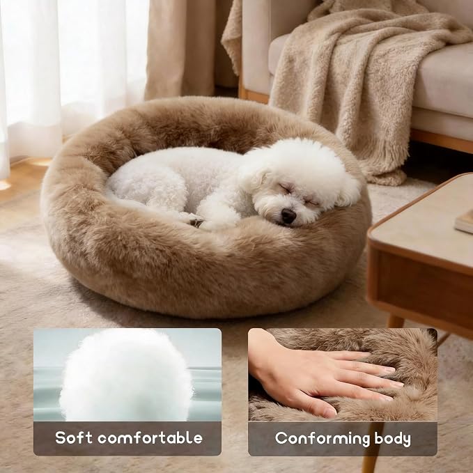 Comfort Donut Dog Bed for Small Dogs, Cat Bed & Pet Bed for Indoor Use, Medium Size with Soft Plush, Round Dog Beds for Large Dogs and Cats (Light Brown, 20''Lx20''Wx8''Th)