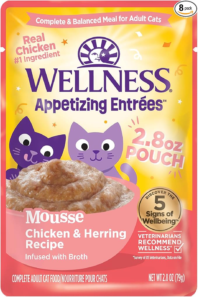 Wellness Appetizing Mousse Flaked Adult Wet Cat Food, Natural, Protein Rich, Grain Free, Chicken and Herring Recipe, 2.8 oz, Pack of 8 Pouches