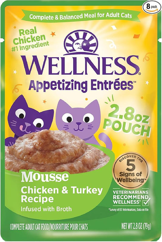 Wellness Appetizing Mousse Flaked Adult Wet Cat Food, Natural, Protein Rich, Grain Free, Chicken and Turkey Recipe, 2.8 oz, Pack of 8 Pouches