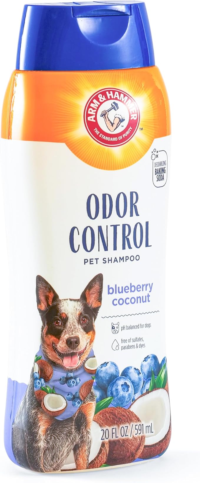 Arm & Hammer for Pets Odor Control Dog Shampoo, Baking Soda Enhanced, pH Balanced, Fresh Blueberry Coconut Scent, Free of Sulfates, for All Dogs and Puppies, 20 Fl Oz