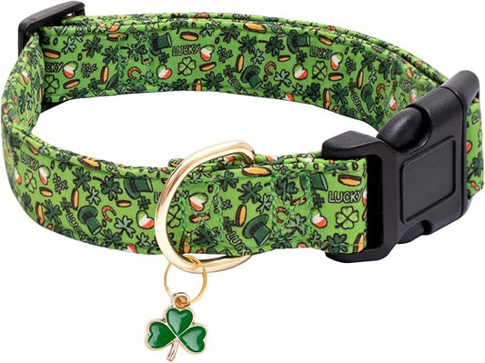 Faygarsle St Patrick's Day Dog Collar Cute Holiday Collar for Small Medium Large Dogs Green Trefoil Print Lucky Straw Cotton Dog Collar L