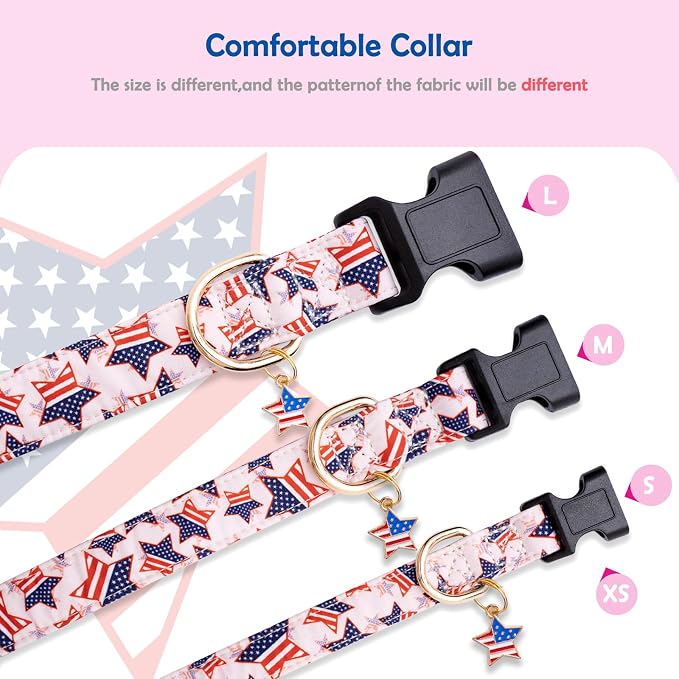 Faygarsle Cotton Dogs Collar Cute 4th of July Independence Day Dog Collars Pink Blue American Flag Star Patterns Dog Collarfor Girl Female Boy Male Small Medium Large Dogs XS