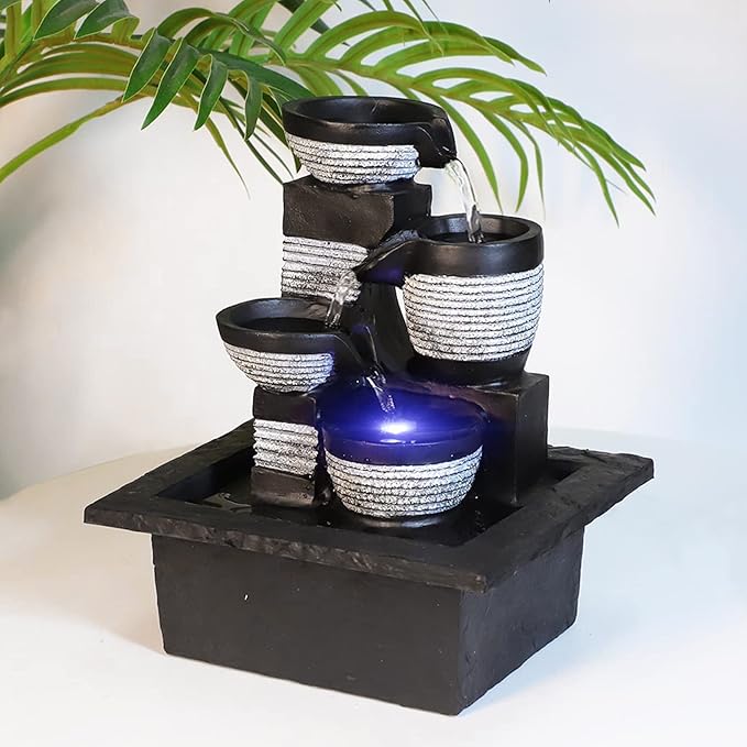 Ferrisland Tabletop Waterfall Fountain - 3-Step Modern Water Fountain with LED Light for Office Desktop Decor
