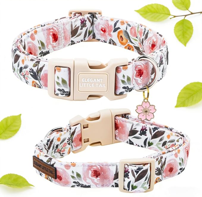Elegant little tail Dog Collar - Pink Floral Dog Collars Cute Spring Puppy Adjustable Pet Collars with Sturdy Quick Release Buckle for Medium Dogs