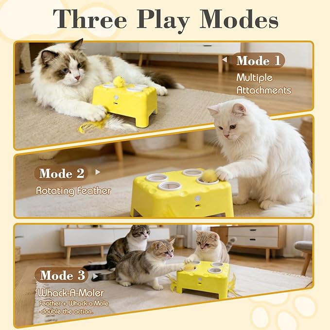 Cheese Box Interactive Cat Toy for Indoor Cats, 3-in-1 Whack a Mole Feather Toy, 3 Modes Rechargeable Auto Cat Toys for Bored Cats, 4 Holes Kitten Toy, 4 Accessories