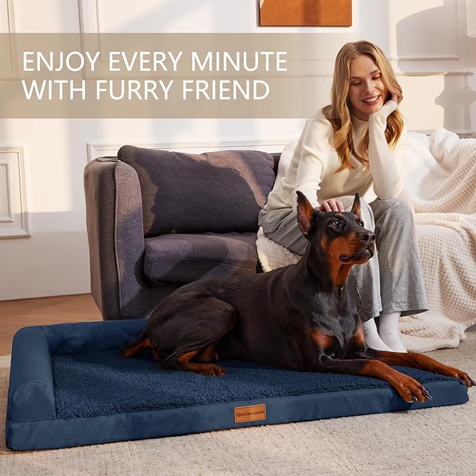 Patas Lague Orthopedic Jumbo Dog Bed for Extra Large Dogs 56''X40'', Waterproof L Bolster Jumbo Pet Sofa Beds with Removable Washable Cover, Soft Pet Couch Crate Mat with Nonskid Bottom, Navy Blue