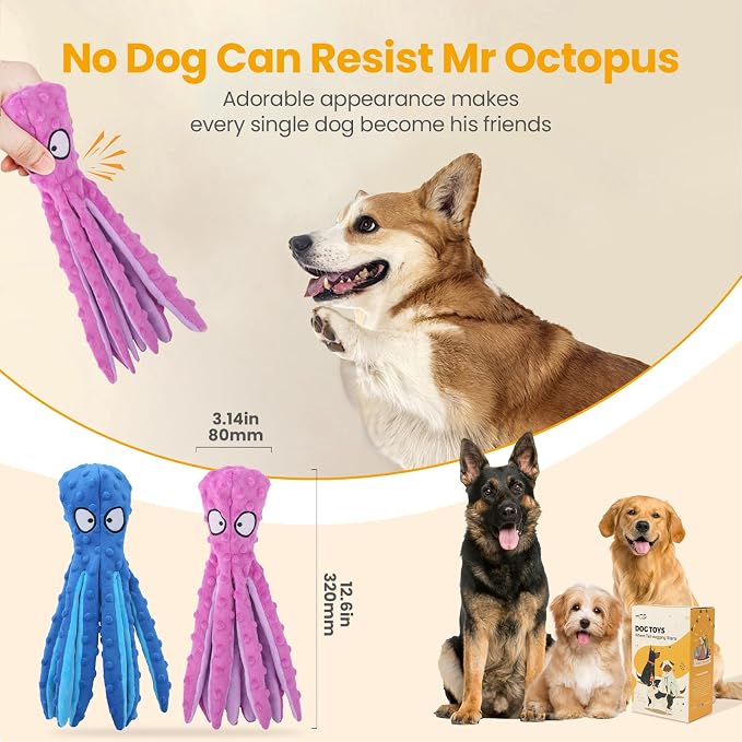 HGB Squeaky Dog Toys - 2 Pack No Stuffing Octopus Crinkle Plush Chew Toys for Puppies Small Medium Large Dogs, Interactive Tug Toys to Keep Dogs Busy