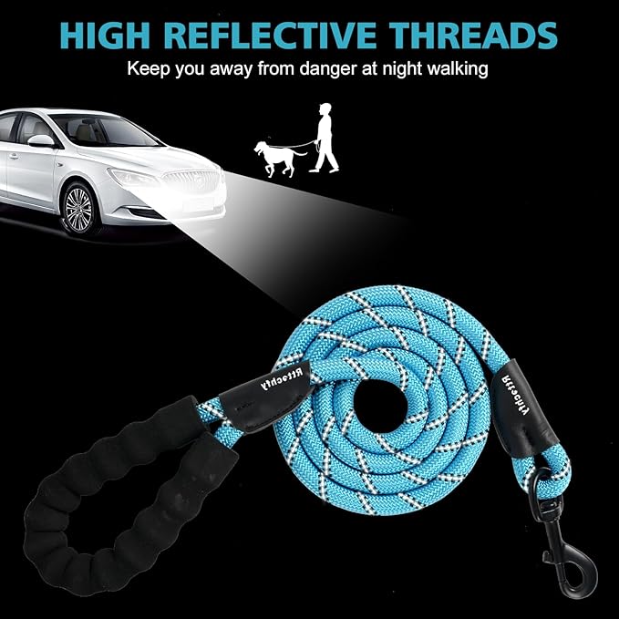 Rttochfy Rope Dog Leash 2/4/5/6/8/10 FT with Comfortable Padded Handle and Highly Reflective Threads for Small Medium and Large Dogs Heavy Duty (1/2"-8 FT, Black)
