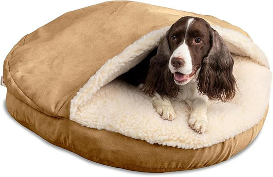 Snoozer Cozy Cave Dog Bed - Indoor Dog Bed with Cover Cave, Covered Calming Burrow for Medium & Large Sized Pets with Blanket Attached, Enclosed, Removable Washable Cover - XL, Camel