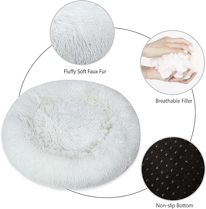 Calming Dog Bed for Small Dogs Cats, Kitty Puppy 23'' Round Anti-Anxiety Warm Fluffy Plush Faux Fur Bed, Soft Anti-Slip Donut Washable Small Pet Bed, Cozy Cat Puppy Bed, Fits up to 30 lbs Pets