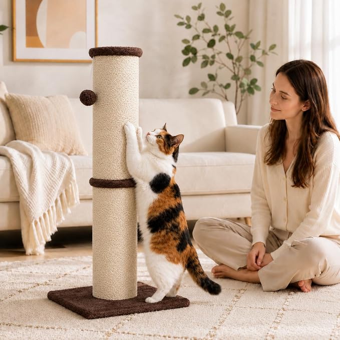 PAWSCRAT Cat Scratching Post 32 Inch High, 5.5 Inch Large Diameter Natural Sisal Cat Scratch Post, Scratch-Resistant and Durable Tall Cat Scratcher for Indoor Cats, Protect Your Furniture, Brown