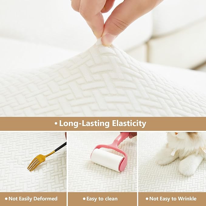 Yoovat Couch Cushion Covers for Sofa Couch Covers Wear-Resistant Universal Sofa Cover Washable Stretch for Sectional Slipcovers (Texture-Cream White,Large Double Seat Cover)