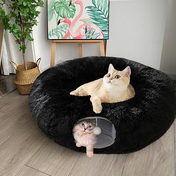 Cat Bed Tunnel Tube Toy Black Plush Round, Collapsible Pet Tunnels for Indoor Cats, Interactive Toys Play Tubes with Hanging Ball for Kitty, Puppy, Rabbit for Fun Playtime & Exercise