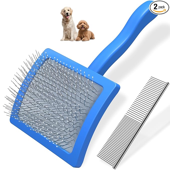 2PCS Slicker Brush for Dogs & Pet Comb,Professional Dog Grooming Brush (Goldendoodles,Poodles,Labradoodles) with Extra Long Pins to Effectively Remove Tangles, Knots and Mats (Blue, Gentle Large)