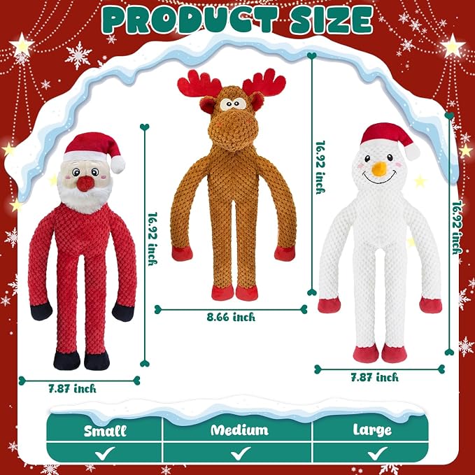 Christmas Dog Toys Squeaky 3-Pack Crinkle Sound Paper Tail | Interactive Puppy Teething Chew Toy Deer snowman santa Claus Shape no Stuffing,Keep Them Busy, Large Medium Small Breeds