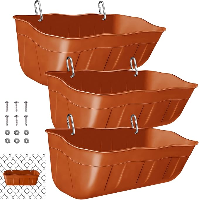 Chicken Feeder Waterer,Hanging Goat Feeders,Feed Trough 3.5 Quart 3 Pack,Hanging Fence Feed Trough for Poultry Livestock,Terracotta