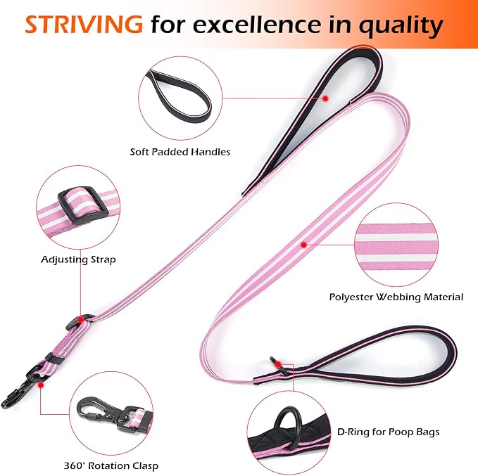 Double Handle Dog Leash for Large Dogs, Heavy Duty Adjustable Leash with Soft Padded Handles, Traffic Control Training Lead for Walking, Running (Purple & White Stripe, 4 ft)