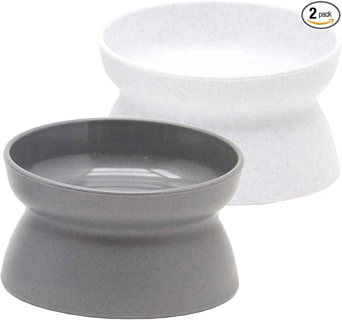 Kitty City Elevated Cat Bowls (Set of 2), Whisker-Friendly Raised Cat Food & Water Dishes, Modern Pedestal Design, Dishwasher Safe, 10.8 oz Each – White & Gray