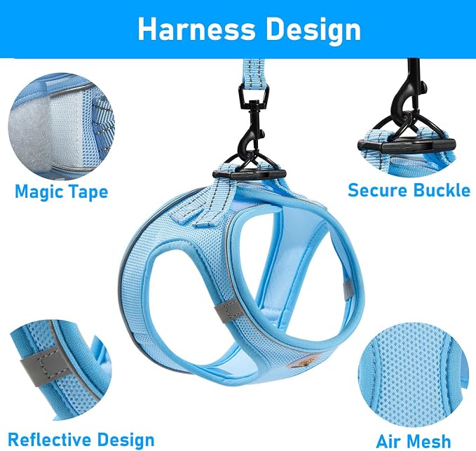 Hipubby Dog Harness and Leash Set, No Pull Soft Mesh Puppy Harness for Small Medium Dogs, Cats - Step in Reflective Breathable Lightweight Vest Harness for Walking, Training - Blue, L