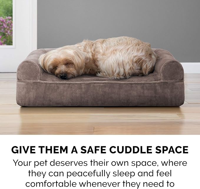Furhaven Orthopedic Dog Bed for Large/Medium Dogs w/ Removable Bolsters & Washable Cover, For Dogs Up to 55 lbs - Faux Fur & Velvet Sofa - Driftwood Brown, Large