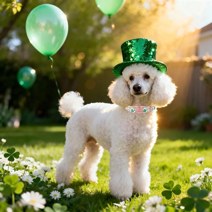 St. Patrick's Day Dog Collar for Medium Dogs - Lucky Clover Pastel Dog Collars, Irish Spring Shamrock Pet Collars, Adjustable Heavy Duty Dogs Collar with Metal Buckle M