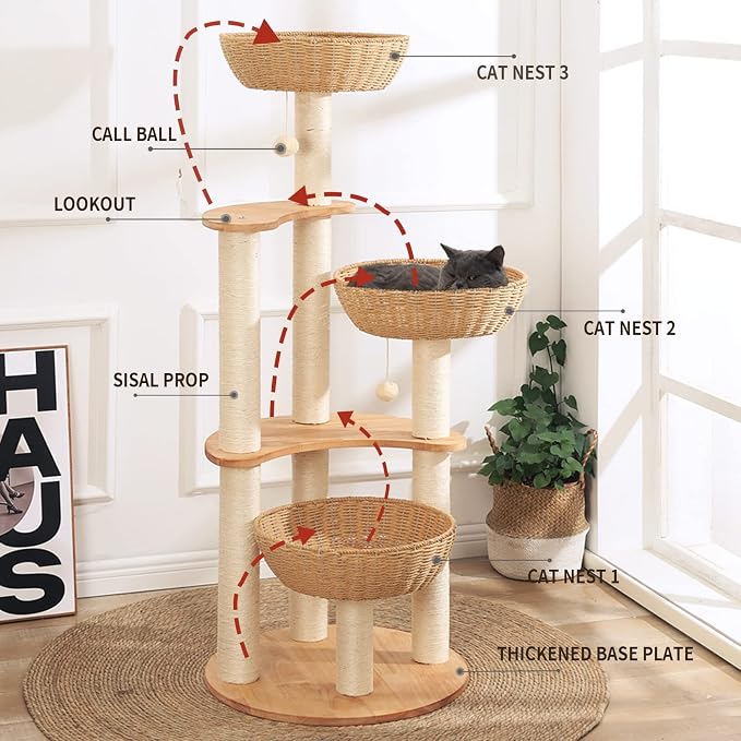 54" Modern Cat Tree Tower for Indoor Cats, Oak Cat Scratching Tree for Multiple Large Cats, Manual Hand Woven Luxury Cat Condo, Unique High-end Design Cat Furniture Activity Centre, Easy Clean