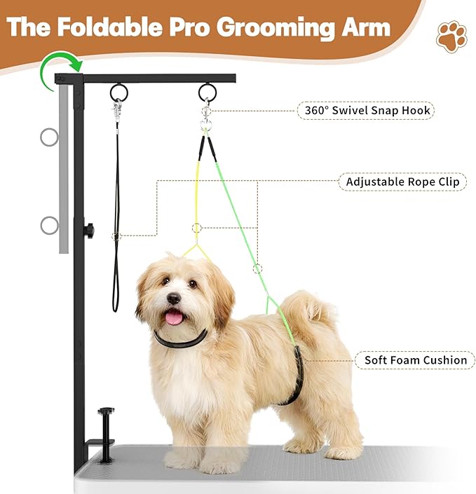 Dog Grooming Table Arm, 31.5"-43.3" Adjustable Pet Stand with Hammock & Clips – 3-in-1 Grooming Kit for Nail Trimming, Haircut & Drying, Home Supplies for Small Dogs