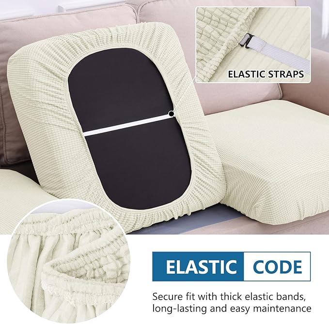 hyha Waterproof Couch Cushion Covers for Pets, Non Slip Sofa Cover for Dogs Washable, Soft Thick Stretch Jacquard Fabric, Sofa Slipcovers with Elastic Bottom (1 Piece for Large, Cream White)