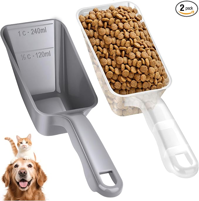 2-Pack Dog Food Scoop 1 Cup, Plastic Pet Food Measuring Scoop With Measuring Lines (1/2 & 1 Cup Markings) for Dogs, Cats, Fish, Bird（Transparent and Grey