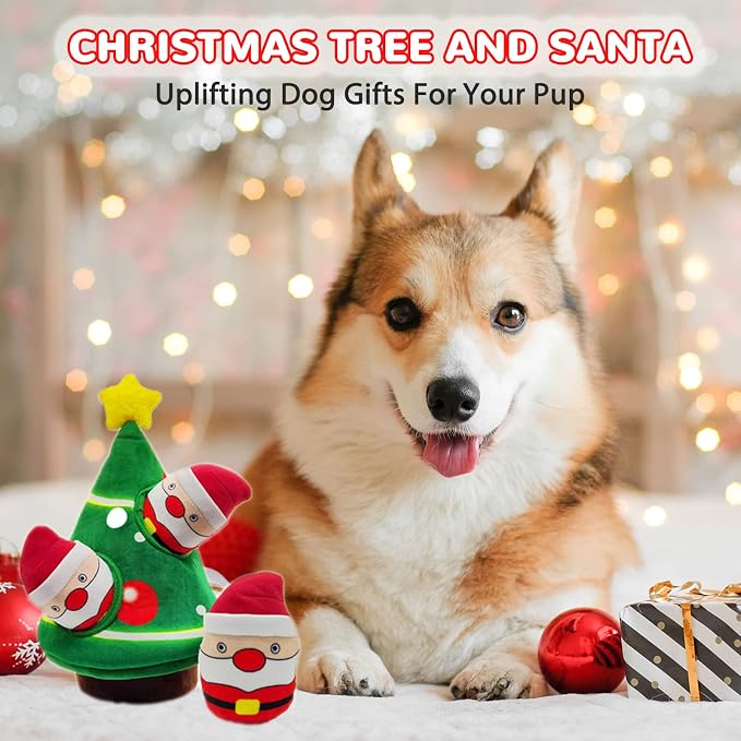 lilfrd Christmas Dog Toys, 4 Pack Santa Xmas Tree Hide Seek Squeaky Toy | Lovely Christmas seasonal treat, suitable for small and medium breeds