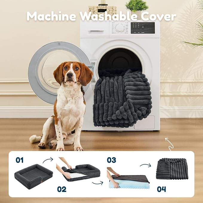 Orthopedic Dog Bed for XL Dogs, Washable Dog Bed with Faux Rabbit Fur Waterproof Cover, High Density Egg Crate Foam Support with 3-Sided Bolsters for Senior Dogs, Non-Skid Bottom, 41x30x7, Dark Grey