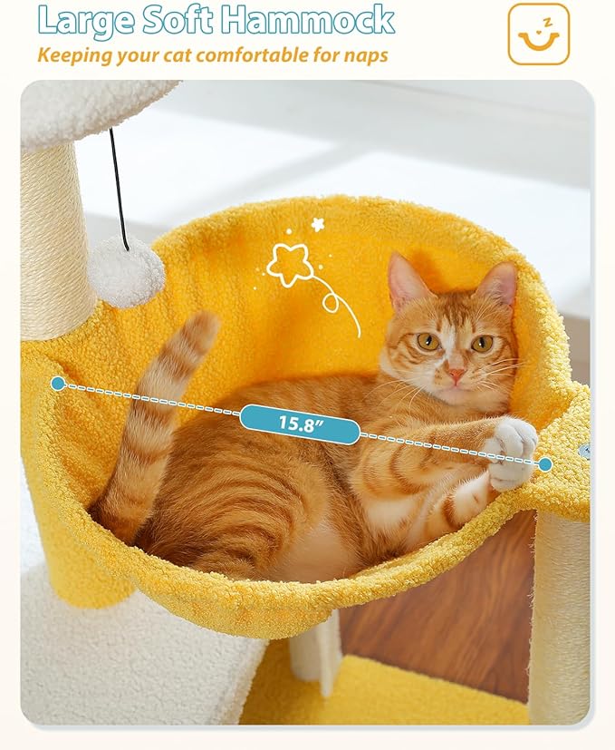 MUTTROS Cute Cat Tree with Flower Top Bed - Cloud Scratching Posts, 35" Small Cat Tower with Large Metal Frame Hammock for Indoor Cats, White Cat Condo for Kittens, Yellow