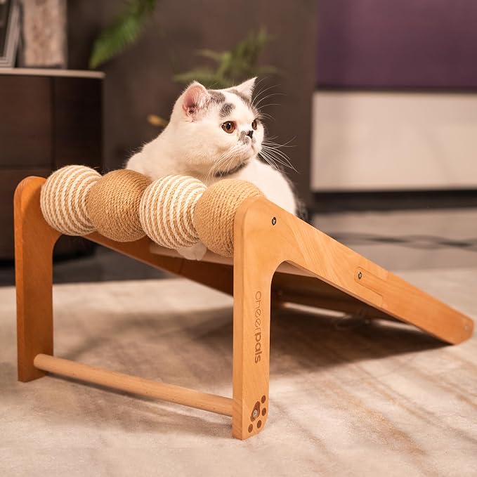 CHEERHOME PETS Sisal Cat Scratcher Ramp with Balls, 24.8" L Shape Cat Scratching Post Climbing Scratch for Indoor Cats, Solid Wooden Cat Furniture(Upgraded)