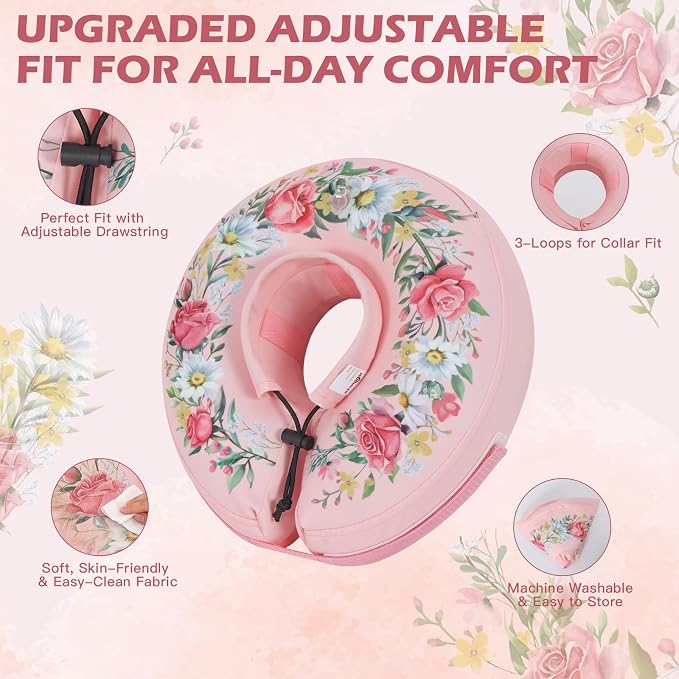 IEUUMLER Inflatable Recovery Dog Cone Collar, Neck Donut Protective ECollar, Adjustable Soft Collar for Dog and Cat After Surgery Prevent from Biting & Licking EU020 Floral Wreath L+